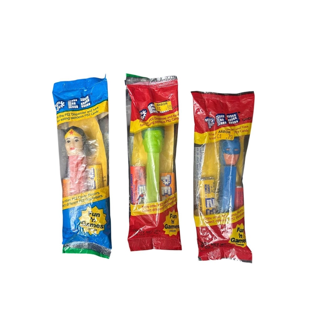 Vintage DC & Marvel PEZ Dispenser Lot of 4 Wonder Woman Hulk Blue Batman NOS MOC